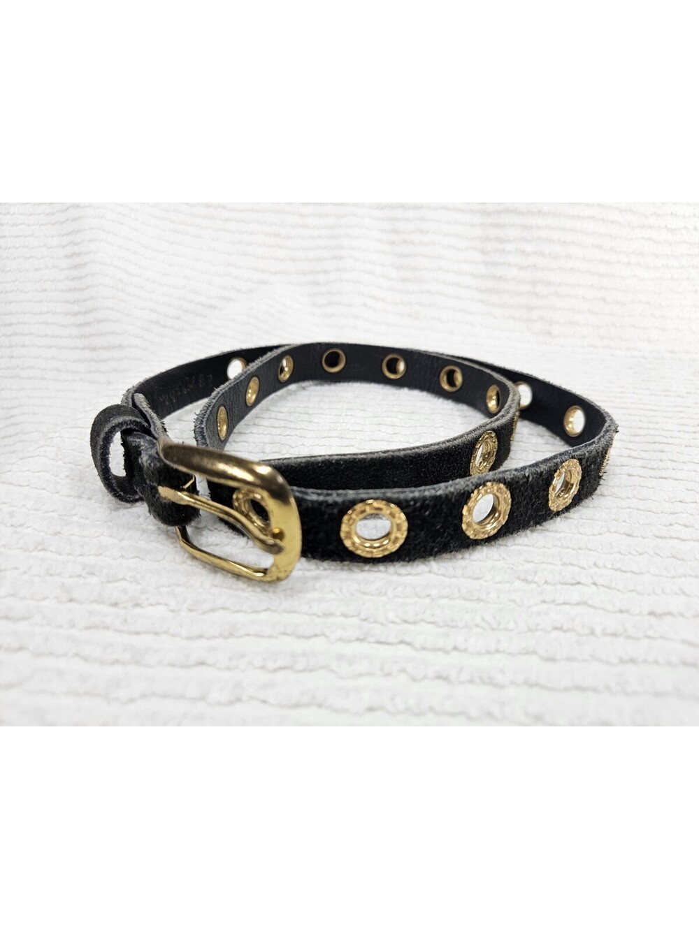 Vintage 1960s Leather Skinny Belt S Gold Checker Metal Eyelet Mod 28" Punk Rock